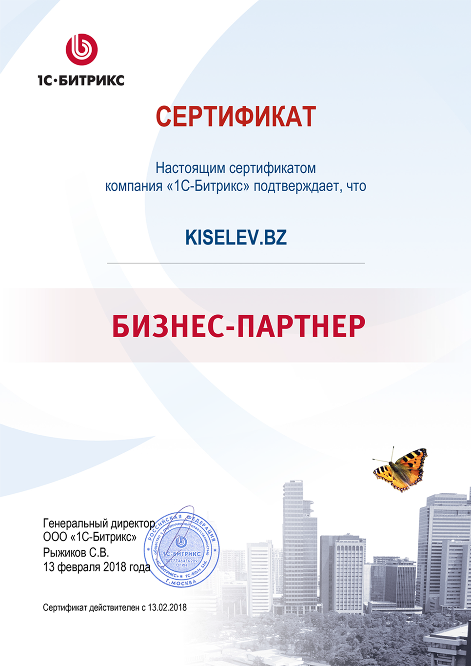 Сертификат партнёра по СРМ системам в Кашине